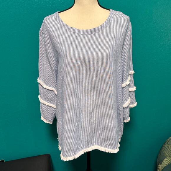 Cynthia Rowley Linen Cotton Blend Long Sleeve Blue & White Stripe Blouse 1X - Picture 6 of 10